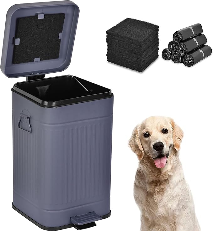 Dog Poop Trash Can with Lid for Outdoors,3.2 Gallon Trash Can with Activated Carbon Filter & Plastic Bags, Pet Waste Container,UP12L-GY-F+90BK