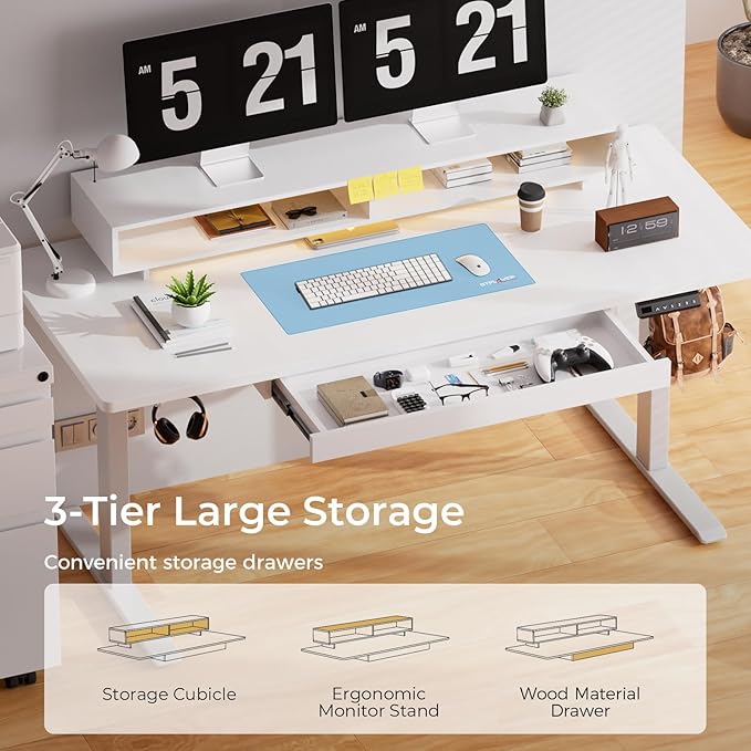 GTPLAYER Electric Standing Desk with Drawers, 48 x 24 Inch Height Adjustable Gaming Desk with Monitor Stand, Power Outlets & LED Lights, Home Office Sit Stand Up Desk with Memory Preset (White)