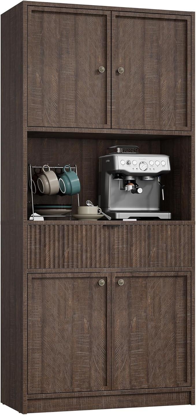 IDEALHOUSE Tall Storage Cabinet, 70" Kitchen Pantry Cabinet with Doors, Fluted Kitchen Hutch Cupboard with Microwave Shelf & Drawer, Freestanding Cupboard for Dining Room, Living Room, Brownish Red