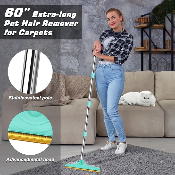 B-Land Carpet Rake for Pet Hair Removal, Reusable Pet Hair Remover with 60” Adjustable Long Handle, Carpet Scraper Dog Cat Hair Remover Tool for Rugs, Mats, Couch, Furniture Blue