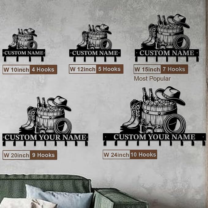 Custom Western Cowboy Metal Iron Key Hooks,Personalized Name & Text Engraving,Decor Wall Keys Holder for Home Entryway (Style J)