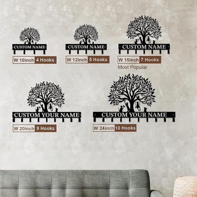 Life Tree Key Hook - Customized Metal Wall Organizer with Name Engraving, Black Iron Home Decor for Themed Collectors (Style A)