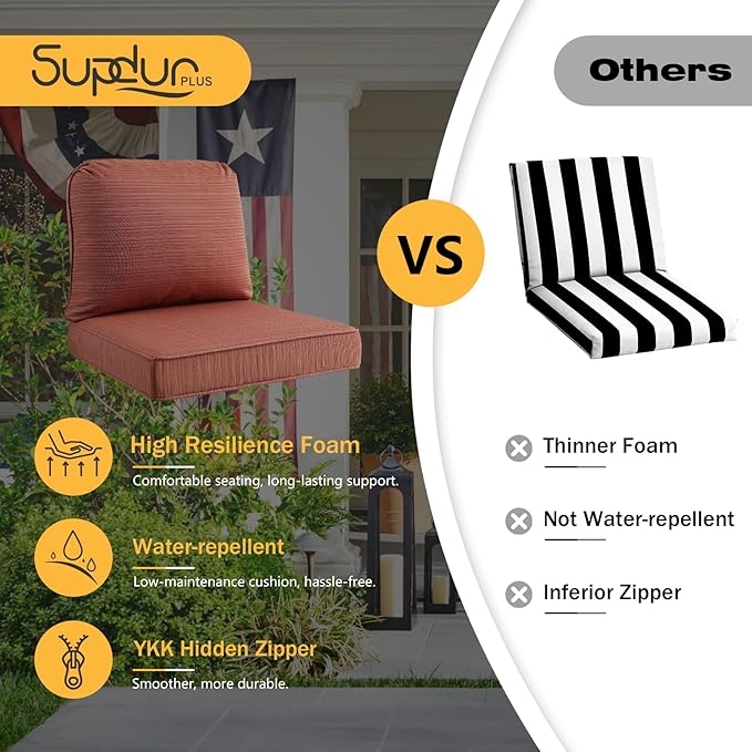 Outdoor Cushions for Patio Furniture Set of 2, 24"x24" Water Repellent Chair Cushions Removable Seat Bottom & Back Cushion Covers for Chair, Sofa, Couch, Dark Yellow Tan Stripe