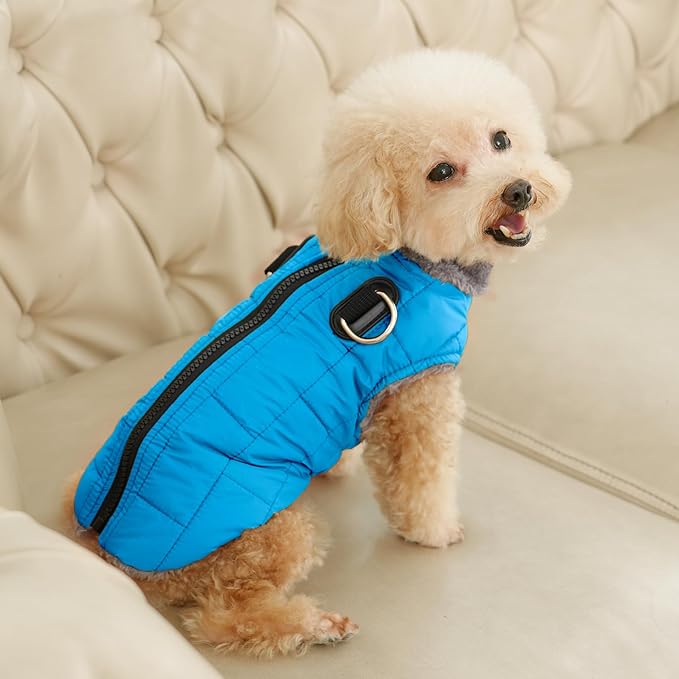 Warm Fleece Dog Coats with Durable Harness Buitl in D-Ring,Waterproof Doggie Jacket for Large Dogs,Dog Vest for Cold Winter,Light Blue XXXL