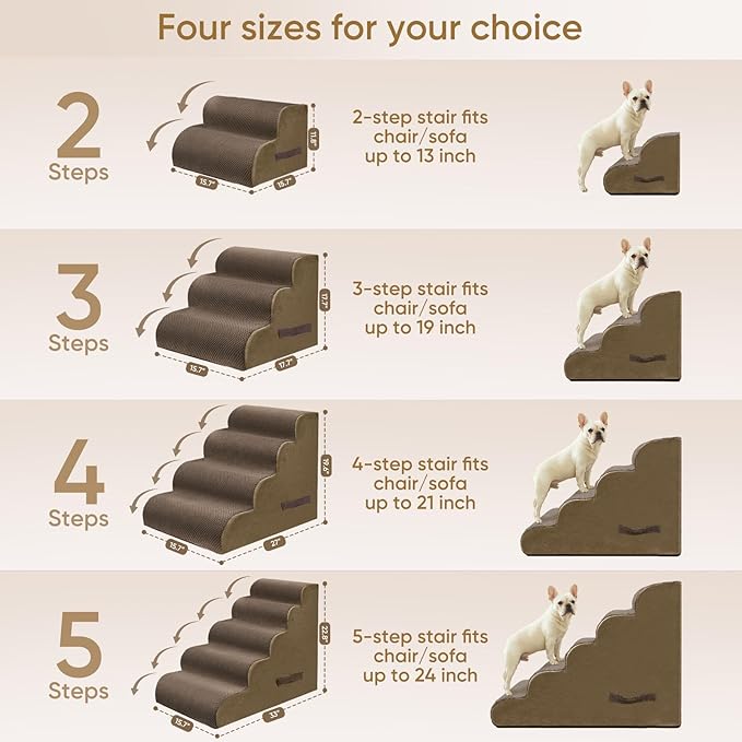 PAWSCART Dog Stairs for Small Dogs and Cats, 4-Step Dog Steps for Bed, 19.6" H Pet Stairs for High Bed, Pet Ramp for Couch, Sofa, Non-Slip Surface Removable Washable Cover, Brown
