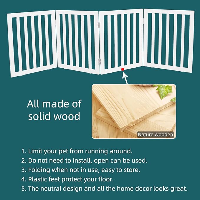 ZJSF Freestanding Indoor Dog Gate for House Foldable Wood White Puppy Gate for Doorways Pet Gate for Stairs Extra Wide Pet Fence 24" Height 4 Panels