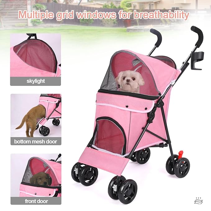 Pet Stroller for Small Dogs Medium Dogs 33lbs, Dog Pram Ultra Light - only 3.5 kg, Dog Stroller Pet Pram with 4 Wheel Foldable/Storage Basket/Cup Holder-P07 (Pink)