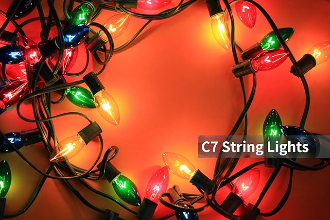 Couah C7 String Lights-25Ft Clear Vintage Multicolor Lights with 27 Colorful Incandescent Bulbs (2 Spare), Outdoor String Lights for Christmas Party Backyard Wedding- Green Wire, ULP(7)-LR(25)(5W)