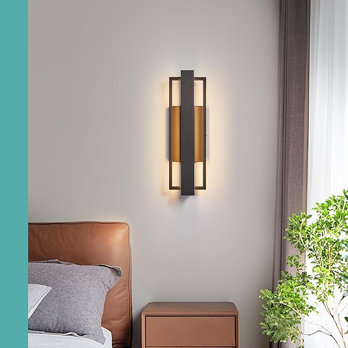 Double Square Frame Outdoor LED Wall Light, 15 Inch Textured Black Wall Sconce, Sleek Modern Light Fixture, Integrated LED 3000K 16W, Outside Lights for Patio, Porch, Front Door or Garage