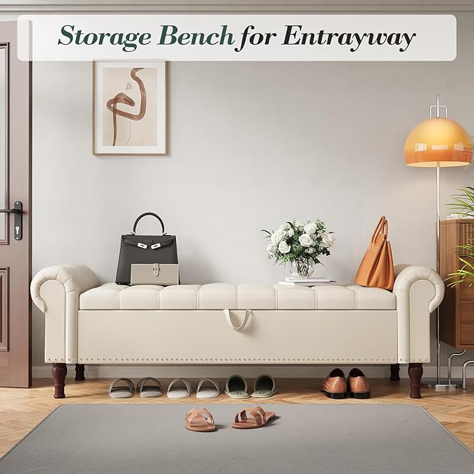 Apicizon 60” Bench with Storage, Faux Leather Ottoman Bench with Rolled Arm & Vintage Rivets, End of Bed Bench for Bedroom, Living Room, Entryway, Beige+Brown Legs