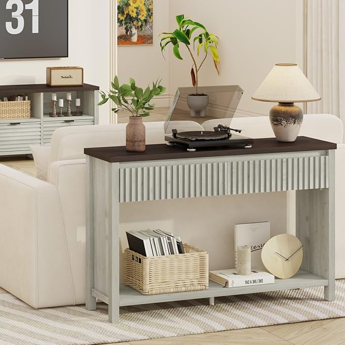 BON AUGURE Entryway Table with Storage, 47In Console Table with 2 Drawers, Two-Tier Sofa Console Tables for Living Room, Modern Hallway Tables, Walnut and Washed Grey Oak