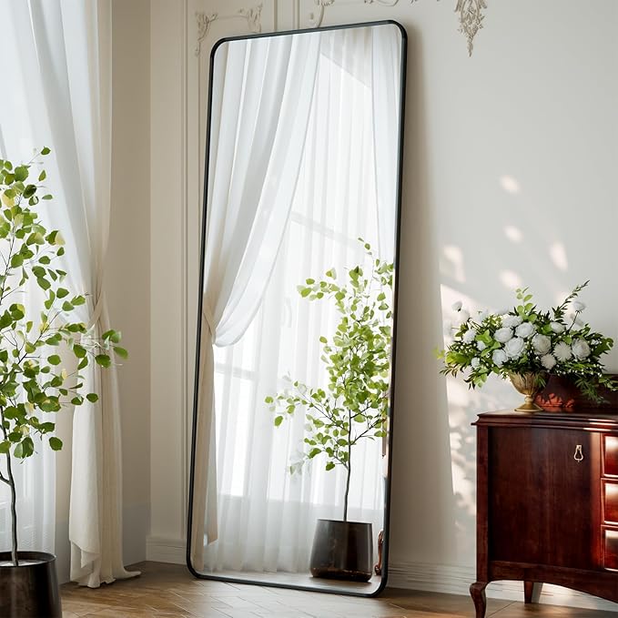 65"x24" Floor Full Length Mirror Standing Full Body Rounded Corner Rectangle Mirrors with Stand Hanging Wall Mounted Leaning Bedroom Living Room Bedroom Cloakroom,Black