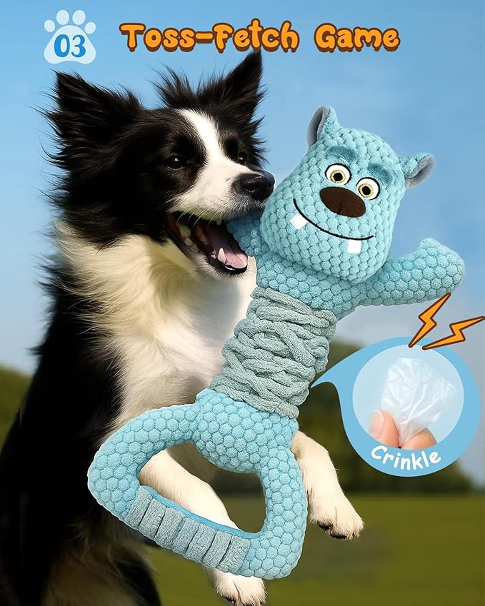 Swooflia Tug of War Dog Toy-Squeaky Plush Tug a War Dog Toy for Medium Large Breed Dogs to Keep Them Busy, Interactive Crinkle Doggie Toy, Cute Monster with Soft Long Pull Handle