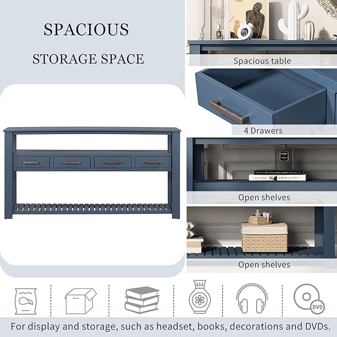 Modern 62'' Console Table Sofa Entryway Table with 4 Drawers and 2 Shelves, Acacia Wood Kitchen Buffet Cabinet Sideboard, Accent Table Furniture for Entryway Kitchen Living Room (Navy Blue-4DE)