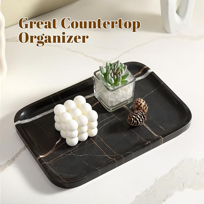 Koville Marble Tray, 12"x8" Marble Vanity Tray for Bathroom Kitchen Countertop, Rectangular Stone Tray for Cosmetics Perfume Trinket, Decorative Catchall Trays (Black)