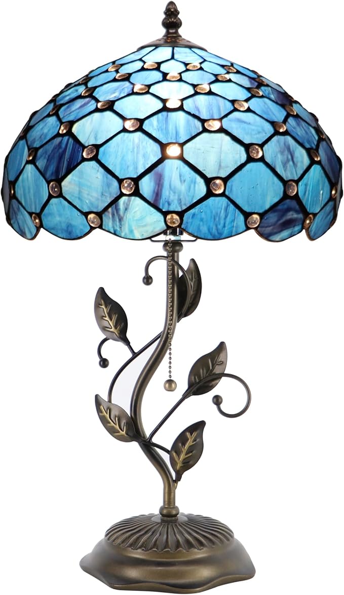Tiffany Table Lamp, Stained Glass Style Desk Lamp, 12X12X19 Inch,Bedside Reading Light, Metal Leaf Base(Blue Beads Style