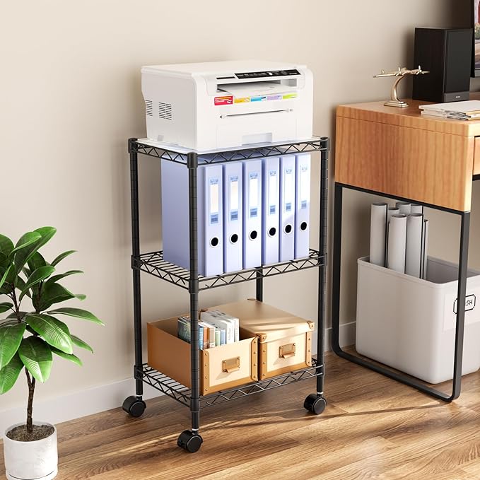 Small 3 Tier Shelves Storage Wire Shelving Unit Metal Shelf Adjustable Organizers Storage Shelving with Wheels for Bathroom Laundry Room Kitchen Pantry12”D x 18”W x 30.7”H Black