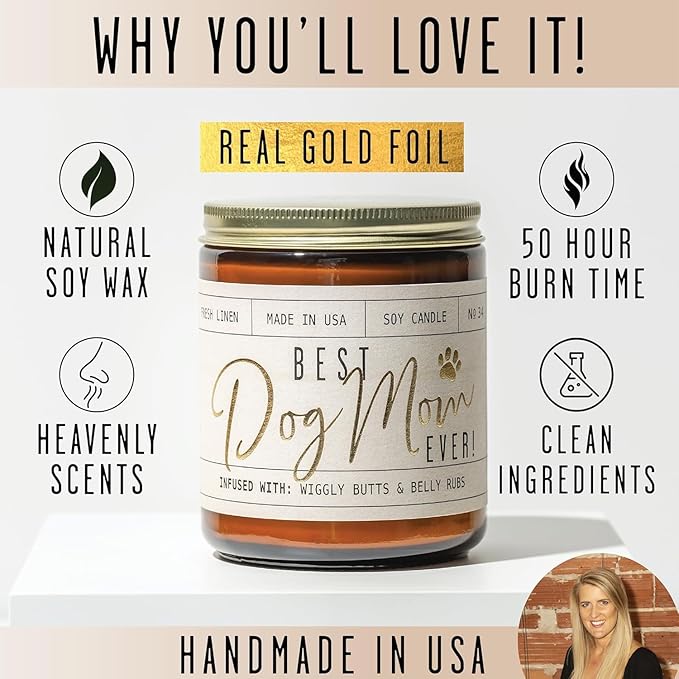 Dog Mom Gifts for Women, Dog Lovers Gifts for Women - 'Best Dog Mom Ever' Soy Candle, w/Vanilla, Coconut & Citrus I Gifts for Dog Lovers I Dog Gifts for Women I Reusable Jar, 50Hr Burn,Made in USA