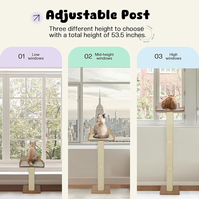 Cat Window Perch with Thick Sisal Scratching Post, Cat Hammock for Window, 53.5" Adjustable Tall Cats Scratching Post with 2 Upgrade Suction Cups, Cats Window Bed with Fuffy Cushion, Sisal