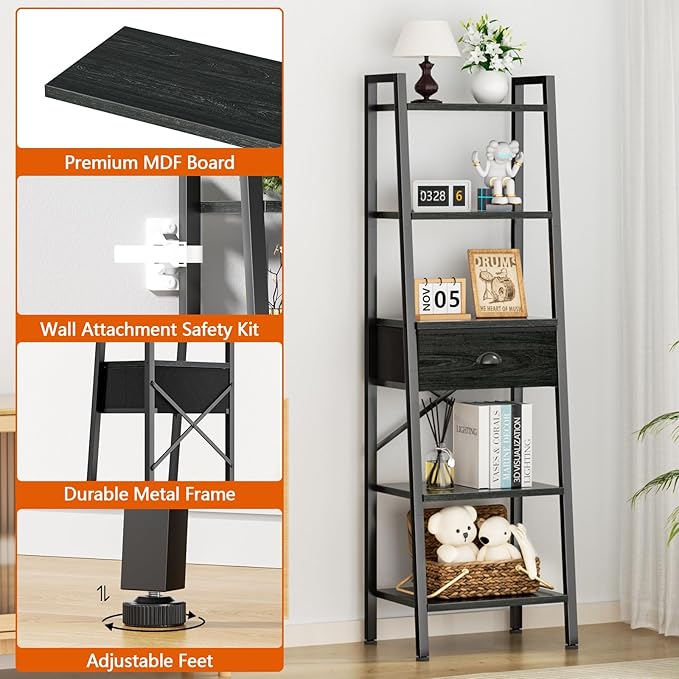 Furologee 5 Tier Bookshelf, Ladder Shelf with Drawer, Tall and Narrow Bookcase, Storage Shelves Organizer,Industrial Display Standing Units for Bathroom,Kitchen,Bedroom,Living Room,Black Oak