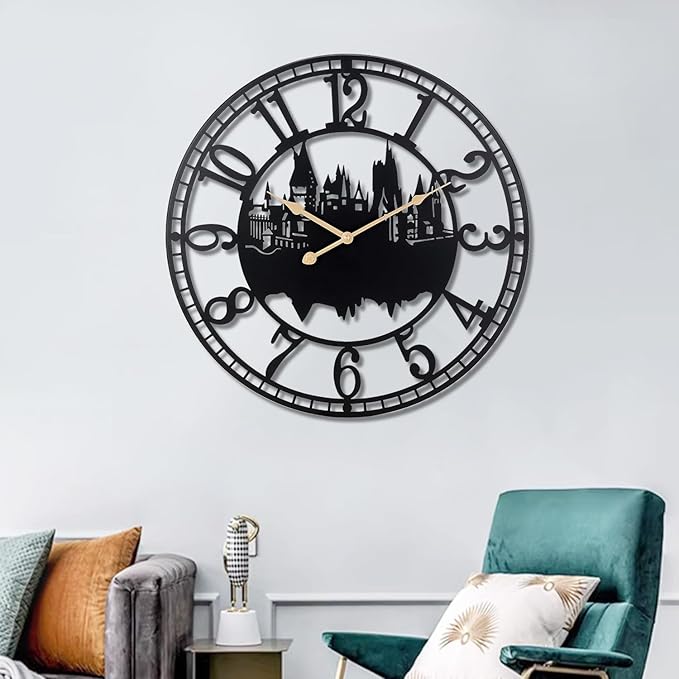 Wall Clocks for Living Room, Metal Black Castle with Metal Golden Retro Hands, Battery Operated Silent Non-Ticking Large Wall Clock for Bedroom Kitchen Living Room Home Decor,16x16Inch