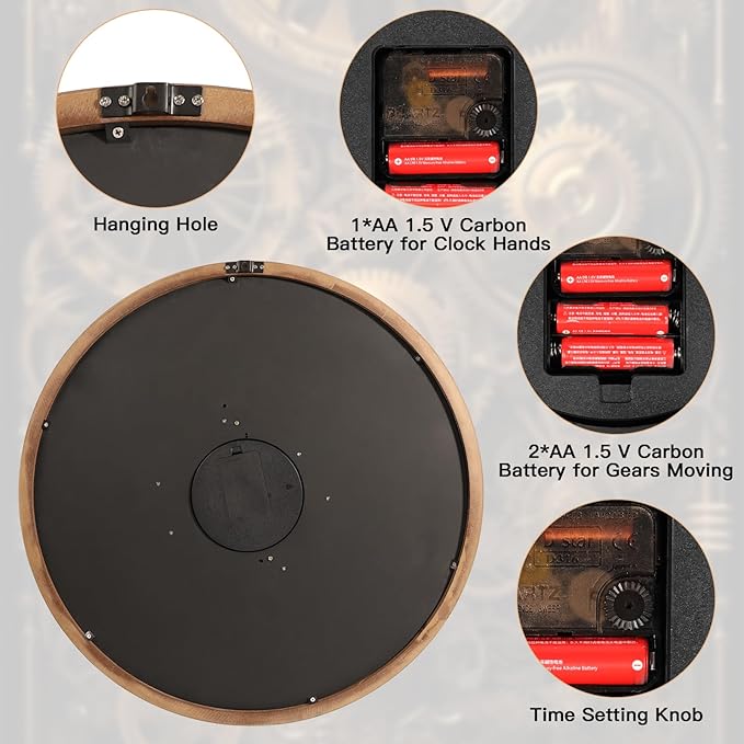 Wall Clocks for Living Room Decor, Large Real Moving Gears Clock, Vintage Industrial Oversized Rustic Farmhouse Kitchen Office Fireplace Wall Decor (Wood Tone, 27 inch)