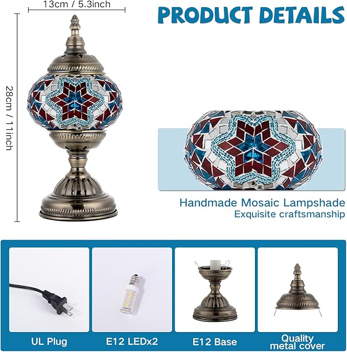 Turkish Moroccan Table Lamp Lantern with Handmade Mosaic Glass Lampshade Tiffany Style Bohemian Stained Glass Decorative Desk Lamps Bedside Night Lights for Bedroom (Blue Red)