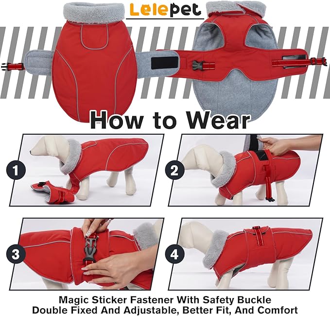 Lelepet Warm Dog Coat - Reflective Waterproof Fleece Vest with Adjustable Buckle Hook & Loop, Windproof Winter Jacket Dog Coats for Small Medium Large Dogs, Red, XL