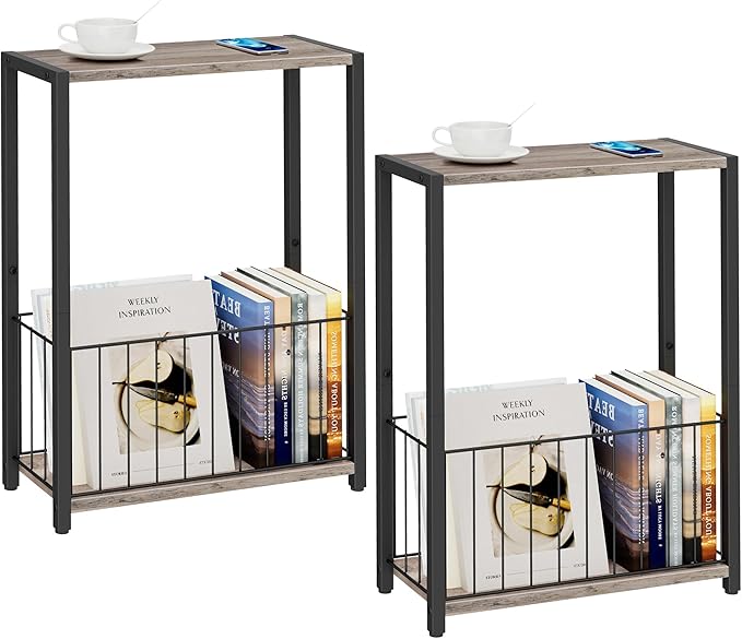 Narrow Side Tables Set of 2 with Magazine Holder, Skinny End Tables Perfect for Small Spaces, Space-Saving Design for Living Room, Bedroom, or Office, 7.1" D x 16.9" W x 23.6" H, Greige