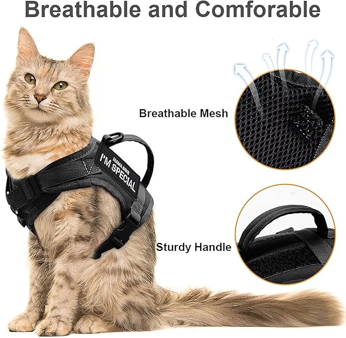 Forestpaw Cat Harness Escape Proof for Walking,Adjustable Cat Vest Harness with Soft Mesh Padded,Tactical Cat Harness with Control Handle,Molle Patches,Black