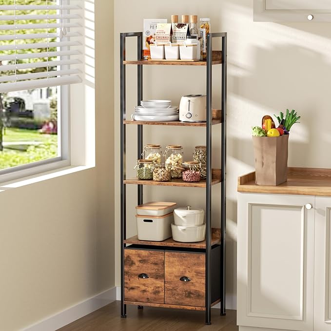 Furologee 5-Tier Bookshelf, Tall Bookcase with 2 Storage Drawers, Adjustable Industrial Display Standing Shelf Units, Wood and Metal Storage Rack for Living Room, Bedroom, Home Office Rustic Brown