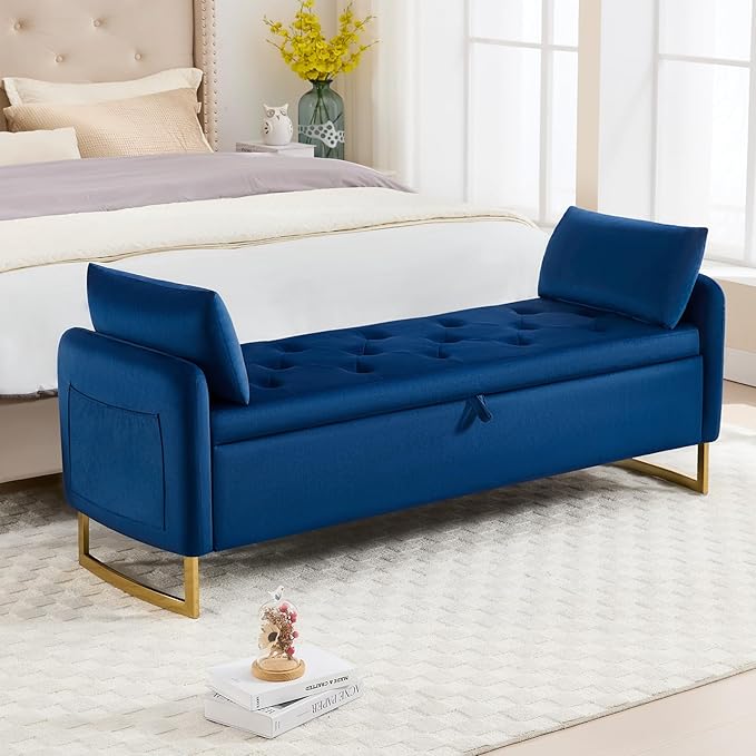 65" Storage Ottoman Bench, End of Bed Storage Bench King Size with Tufted Button Upholstered and Gold Legs, Bedroom Benches with Armrests for Living Room Window and Entryway, Navy Blue