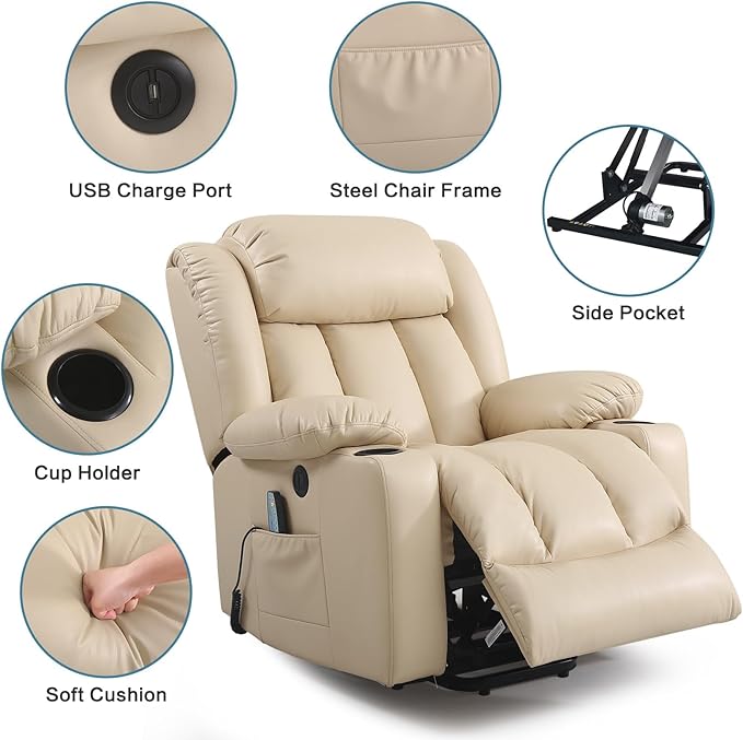 PARKOL Power Lift Recliner Chair for Elderly Breathable Leather Recliner Chair with Massage and Heat for People Limited Mobility (Beige, Small)