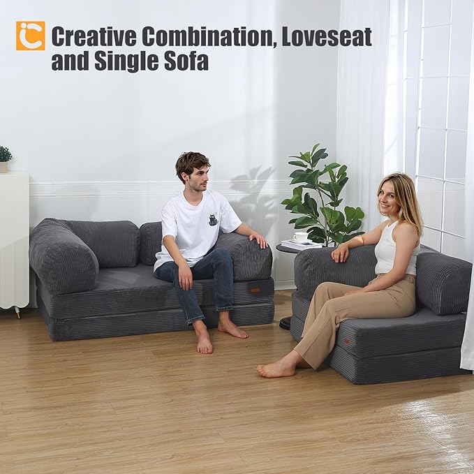 COMAX Futon Sofa Bed, 4-in-1 Floor Foldable Sofa Couch Bed Queen with L-Shaped Armrests, Convertible Folding Chair Bed Sleeper Mattress Fold Out Comfy Lounge for Living Room Bedroom, Grey