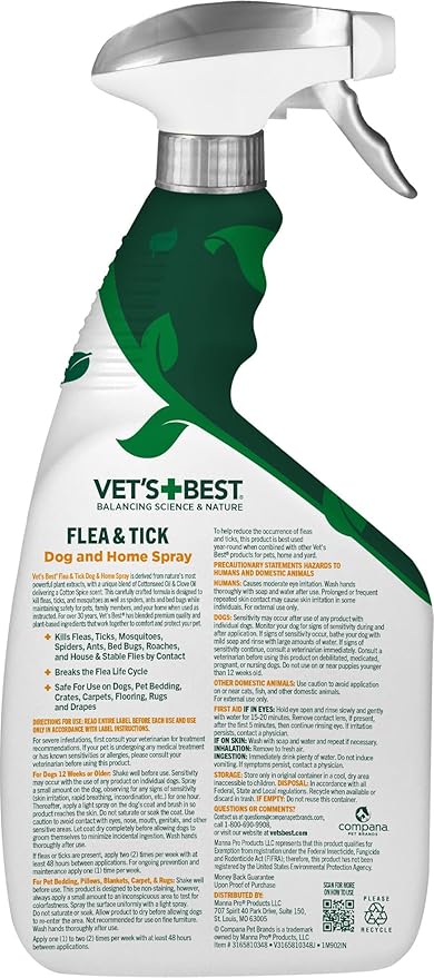 Vet's Best Natural Indoor Flea and Tick Spray – Dog Flea and Tick Treatment for Home, Plant-Based Formula with Natural Oils, Kills Fleas, Eggs & Ticks on Contact, USA Made, Cotton Spice, 32 oz, 2-Pack