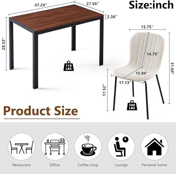 Modern Dining Table Set for 4, 47" Solid MDF Table Faux Wood Industrial Style Kitchen Table Set with 4 Beige Boucle Dining Chairs for Breakfast Nook, Dinette