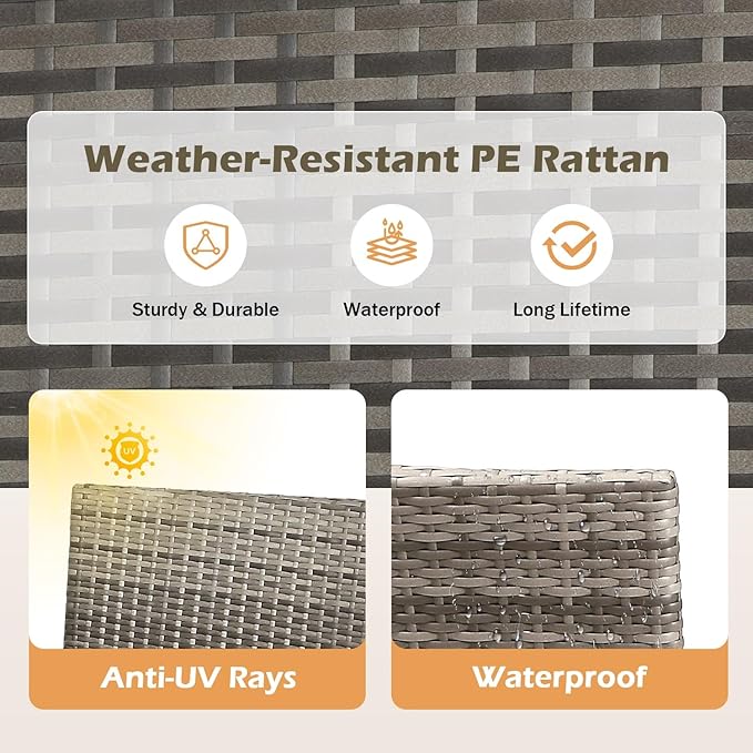 FDW 3 Piece Outdoor Furniture Set Patio Gray Wicker Chairs Furniture Bistro Conversation Set 2 Rattan Chairs with Red Cushions and Glass Coffee Table for Porch Lawn Garden Balcony Backyard