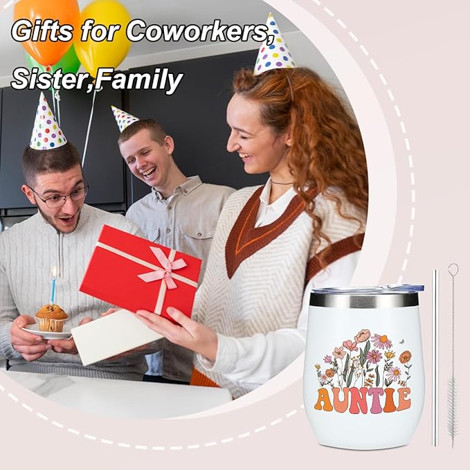 Auntie Gifts Wine Tumbler 12 oz Insulated Wine Glass Cup with Lid Straw Vacuum Insulated Travel Cup,Mothers Day Aunt Birthday Gifts From Niece Best Gift for Women Nana Yaya Christmas Halloween