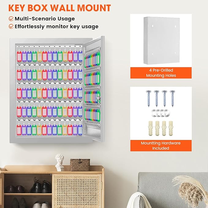 125 Key Lock Box Wall Mount with Anti-Theft Deposit Key Slot, White Key Cabinet with Key Hooks & 125 Tags Key Labels, Key Safe for Hotels & Office & Companies & Car Dealerships
