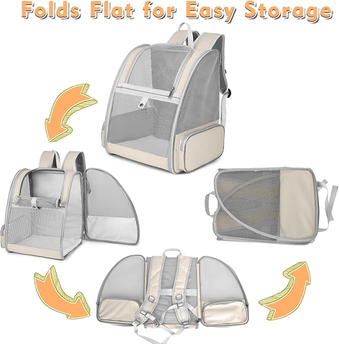 Cat Backpack Carrier, Large Pet Carrier Backpack with Kitten Wand Feather Toy for Medium Small Dog Cat Puppy Kitty Bunny up to 15lbs, Ventilated Mesh Kitten Bookbag for Travel Walking Outdoor (Beige)