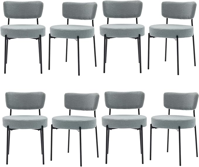 Grey Boucle Dining Chairs Set of 8, Upholstered Dinner Chair with Metal Frame, Dining Room Chairs with Padded Seat, Round Modern Seating for Living Room