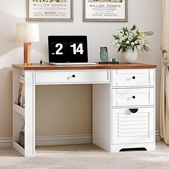 47" Home Office Desks, Executive Desk, Farmhouse Computer Desk with Drawers and Charging Station, File Drawer, Storage Cabinet, Rustic Computer Writing Desk,Antique White