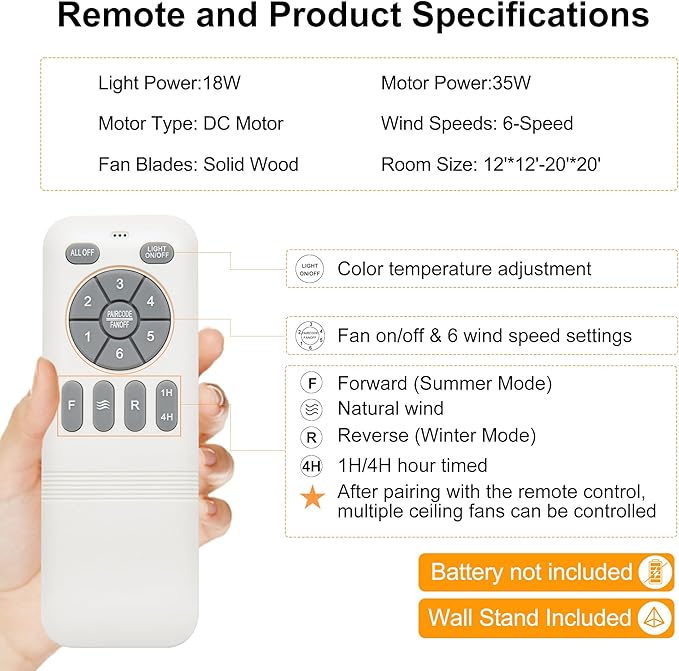 52" Ceiling Fan with Light - Low Profile Flush Mount Ceiling Fan, 6-Speed Remote Control, Solid Wood, Quiet Reversible DC Motor, Boho Style, for Bedroom, Living Room, Porch, Light Oak/White