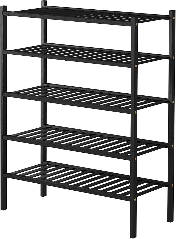 5 Tier Bamboo Shoe Rack for Closet Free Standing Wood Shoe Shelf for Entryway Small Space Stackable 27"x11"x33" (Black)