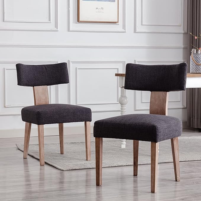 Linen Dining Chairs Set of 4, Modern Dining Chair with Curved Backrest and Wood Legs Upholstered Dining Chairs Farmhouse Dining Room Chairs Kitchen Chairs, Charcoal