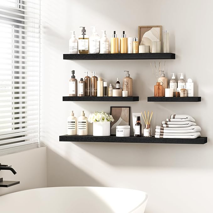 Fun Memories 16 Inch Floating Shelves - Deep Rustic Black Wooden Wall Shelves - Extra Deeper & Thicker Wall Mounted Storage Shelf for Bedroom, Kitchen, Farmhouse - 2 Pack, Rustic Black