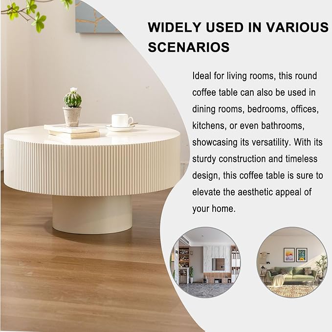 Round Coffee Table, Handcrafted Fluted Drum Coffee Tables Modern Wood Coffee Table Circle Drum Center Table for Living Room, Apartment (White Thick)