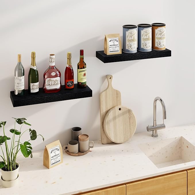 Fun Memories Floating Shelves for Wall, 24Inch Floating Shelves Set of 2, Hanging Shelf with Invisible Brackets, Wood Shelves for Living Room, Bedroom, Kitchen, Black