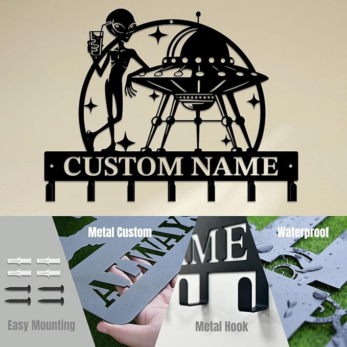Personalized Custom Alien ET UFO Metal Wall Keys Hooks,Clothes Hooks Alien ET Art coat racks,door holder,Black Alien ET decorations for home,Entrance doors,Hallway, Bedroom,Keys,Hats (Style J)
