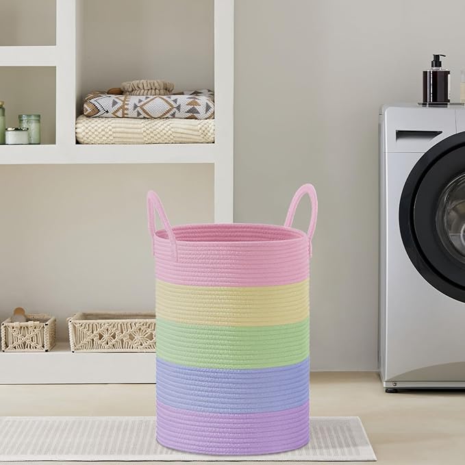 VIPOSCO Large Laundry Hamper, Tall Woven Rope Storage Basket for Blanket, Toys, Dirty Clothes in Living Room, Bathroom, Bedroom - 72L Rainbow